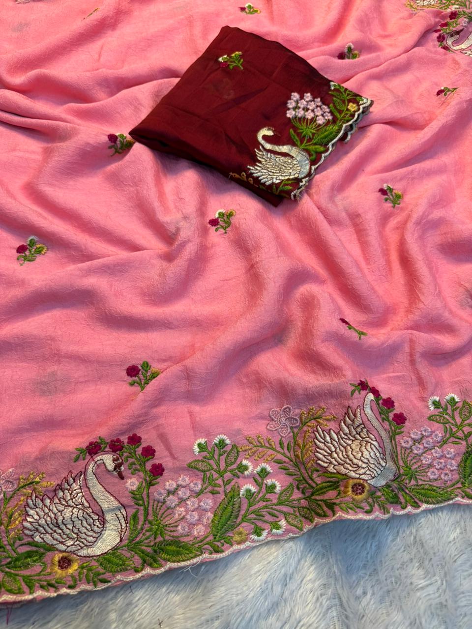 Exquisite Wedding Wear Soft Crunchy Silk Full Multi Sequence Work Fancy Designer Saree With Contrast Blouse Piece