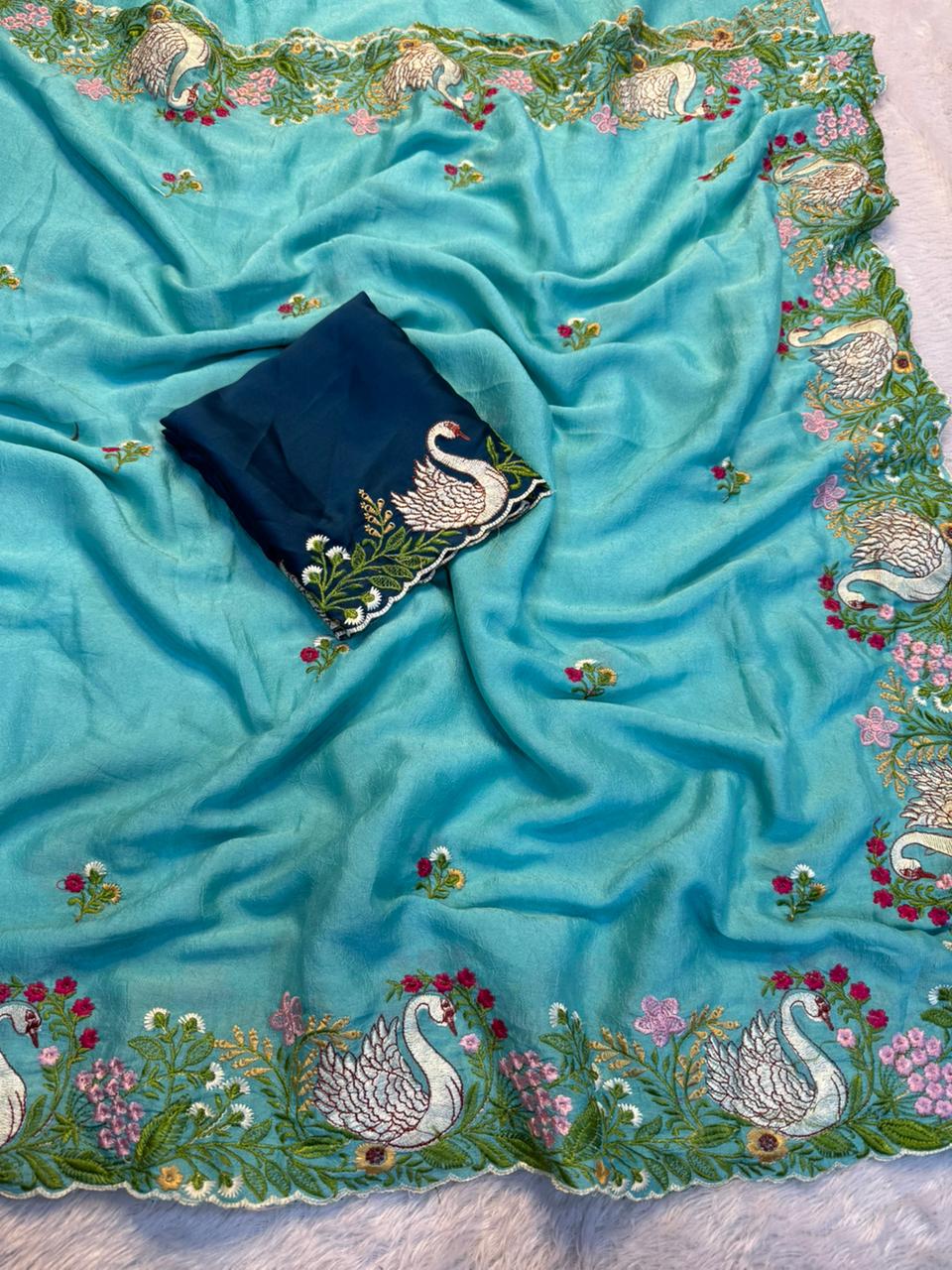 Exquisite Wedding Wear Soft Crunchy Silk Full Multi Sequence Work Fancy Designer Saree With Contrast Blouse Piece