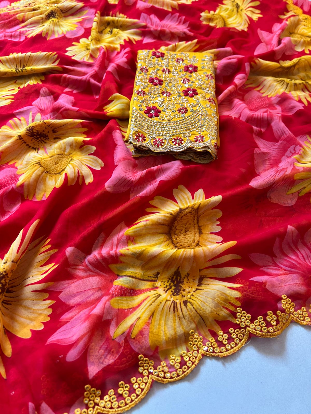 Graceful Party Wear Georgette Heavy Embroidery n Scalloped Sequence Work Border Elegant Saree With Contrast Blouse Piece