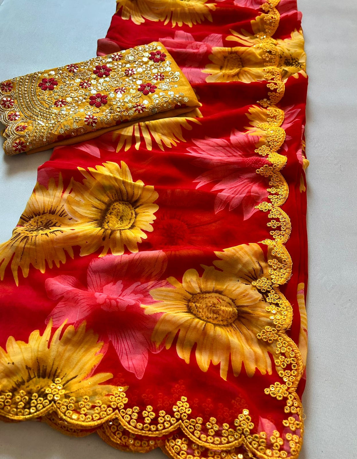 Graceful Party Wear Georgette Heavy Embroidery n Scalloped Sequence Work Border Elegant Saree With Contrast Blouse Piece