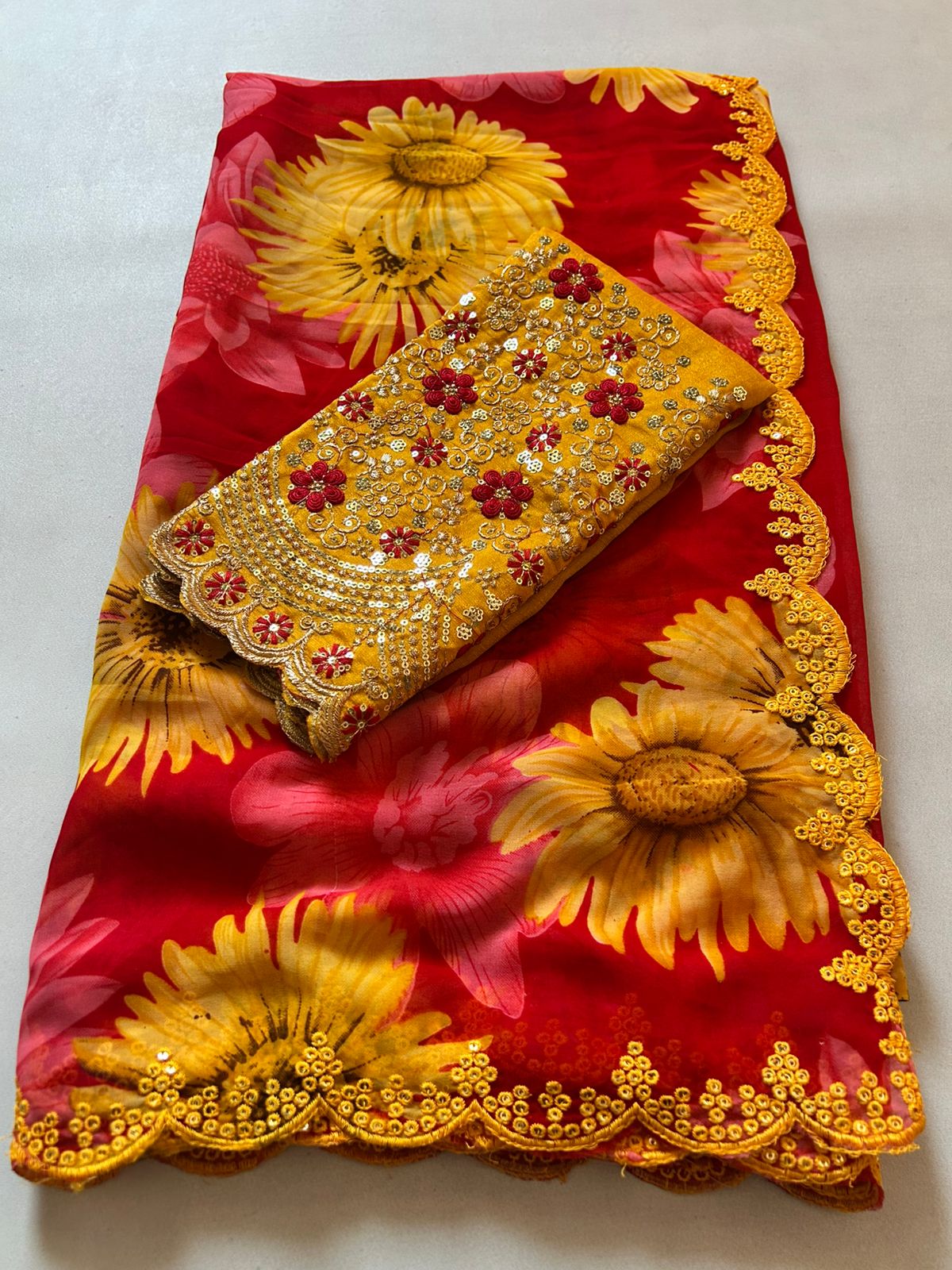 Graceful Party Wear Georgette Heavy Embroidery n Scalloped Sequence Work Border Elegant Saree With Contrast Blouse Piece