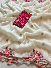 Load image into Gallery viewer, Stunning Festive Wear Off White Chiffon Silk Sequence n Cutwork Border Flower Design Saree With Contrast Blouse Piece

