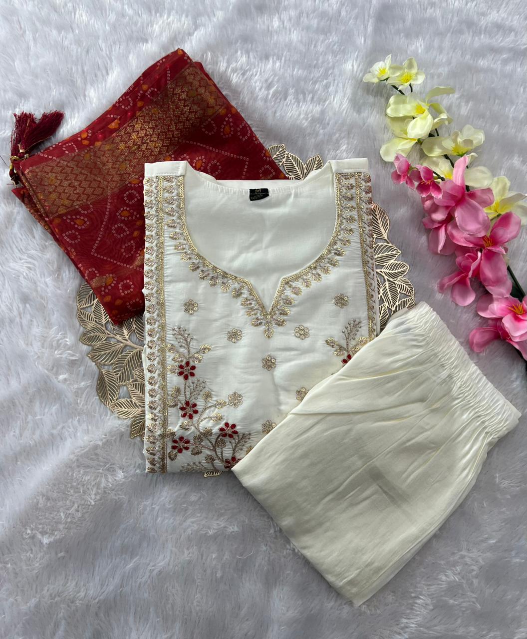 Luxurious Party Wear Roman Silk Embroidery n Sequence Work Designer Straight Kurta With Trouser n Dupatta Set