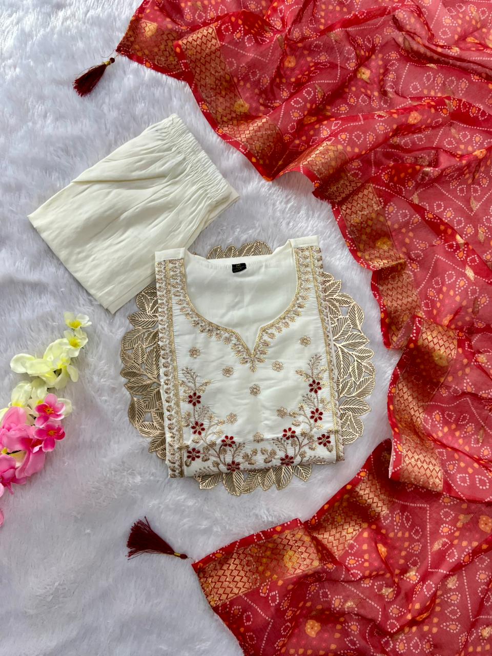 Luxurious Party Wear Roman Silk Embroidery n Sequence Work Designer Straight Kurta With Trouser n Dupatta Set