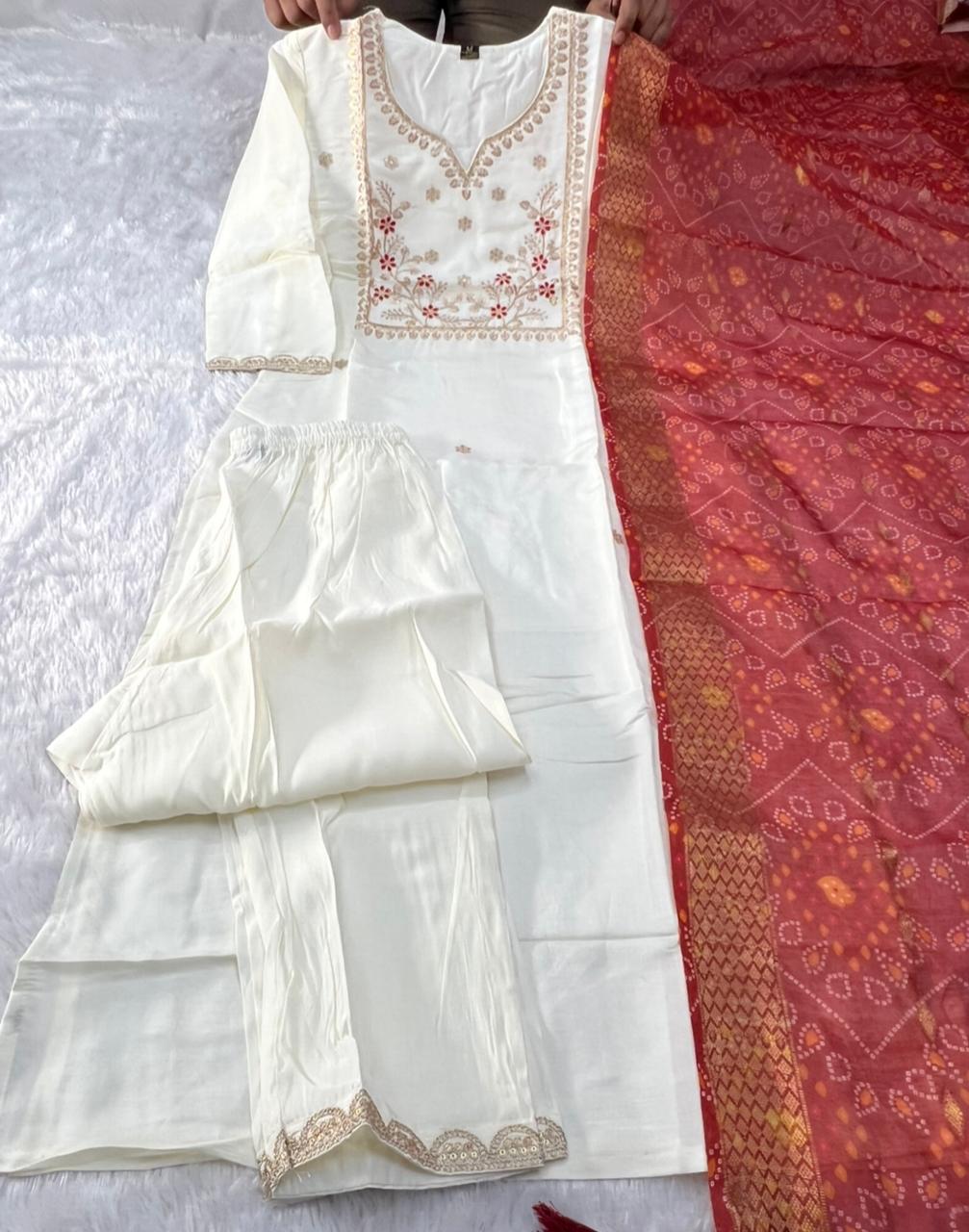 Luxurious Party Wear Roman Silk Embroidery n Sequence Work Designer Straight Kurta With Trouser n Dupatta Set