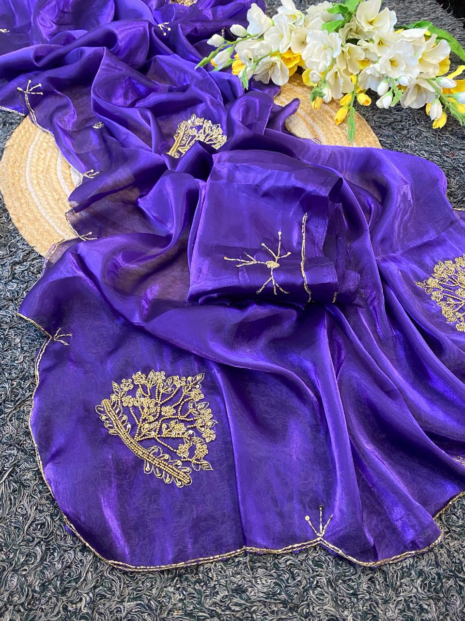 Glamorous Function Wear Satin Silk Handwork Fancy Designer Saree For Reception