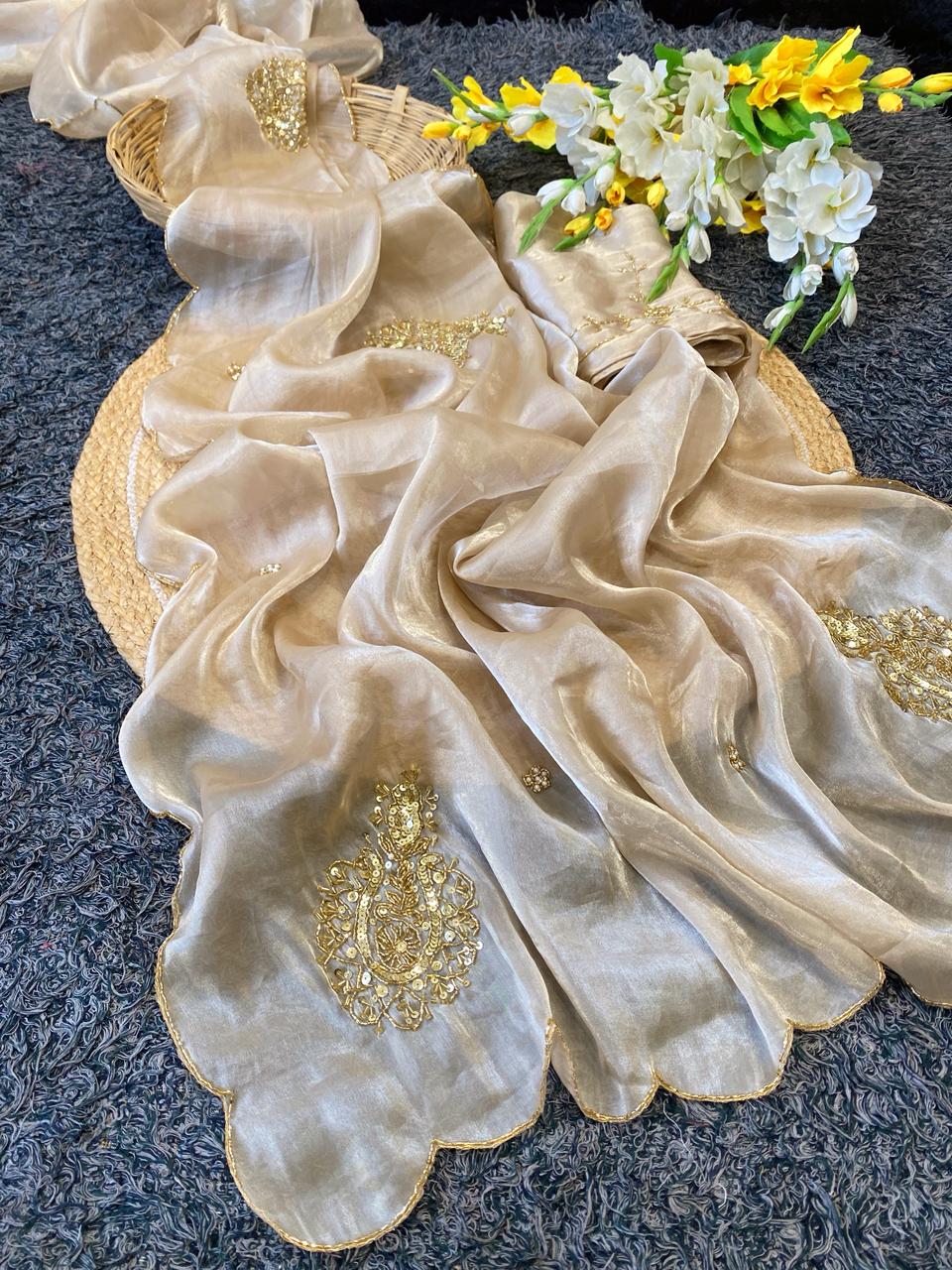 Exuberant Party Wear Golden Colour Satin Silk Handwork Fancy Designer Saree For Wedding
