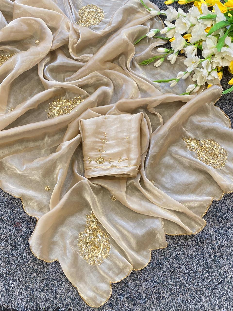 Exuberant Party Wear Golden Colour Satin Silk Handwork Fancy Designer Saree For Wedding