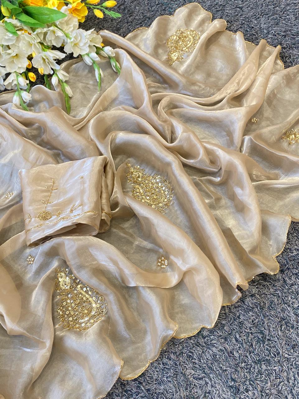 Exuberant Party Wear Golden Colour Satin Silk Handwork Fancy Designer Saree For Wedding