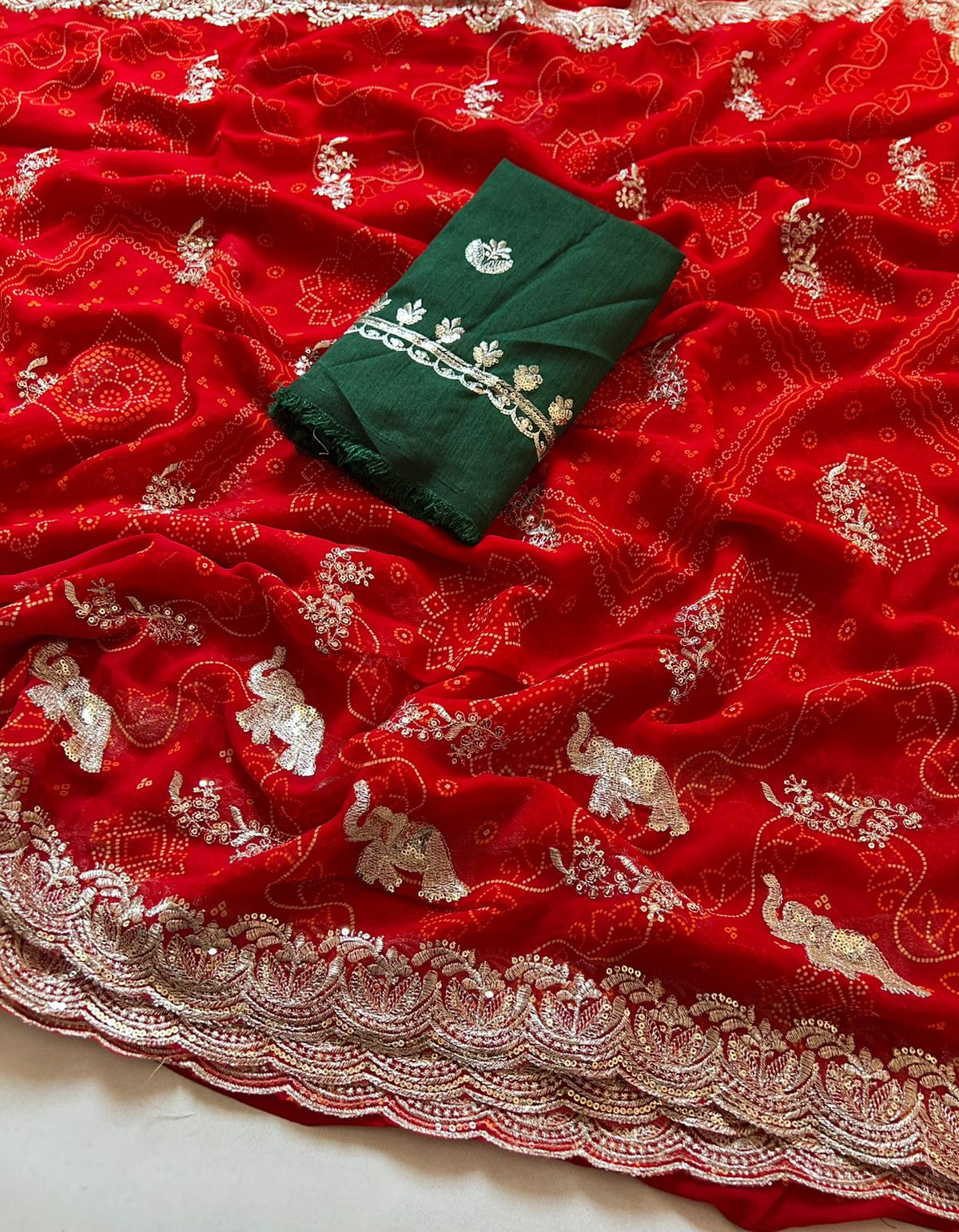Magnetic Wedding Wear Red Colour Soft Georgette Bandhani Print Sequence n Cut Work Border Elegant Saree With Contrast Blouse Piece