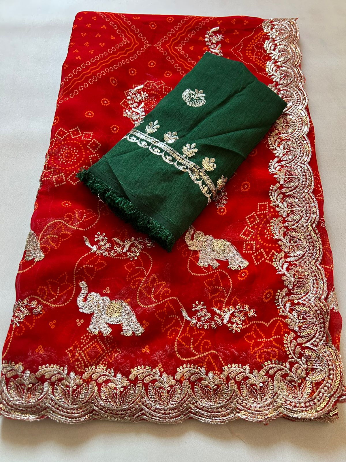 Magnetic Wedding Wear Red Colour Soft Georgette Bandhani Print Sequence n Cut Work Border Elegant Saree With Contrast Blouse Piece