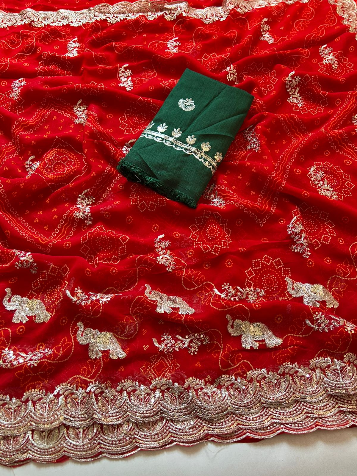 Magnetic Wedding Wear Red Colour Soft Georgette Bandhani Print Sequence n Cut Work Border Elegant Saree With Contrast Blouse Piece