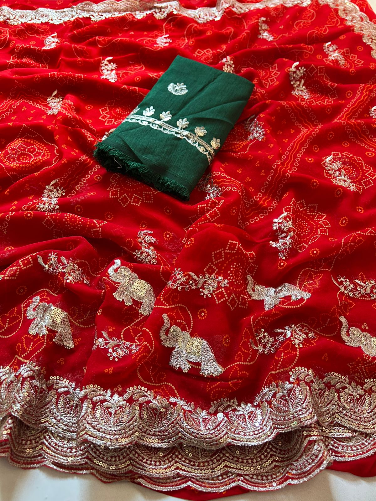 Magnetic Wedding Wear Red Colour Soft Georgette Bandhani Print Sequence n Cut Work Border Elegant Saree With Contrast Blouse Piece