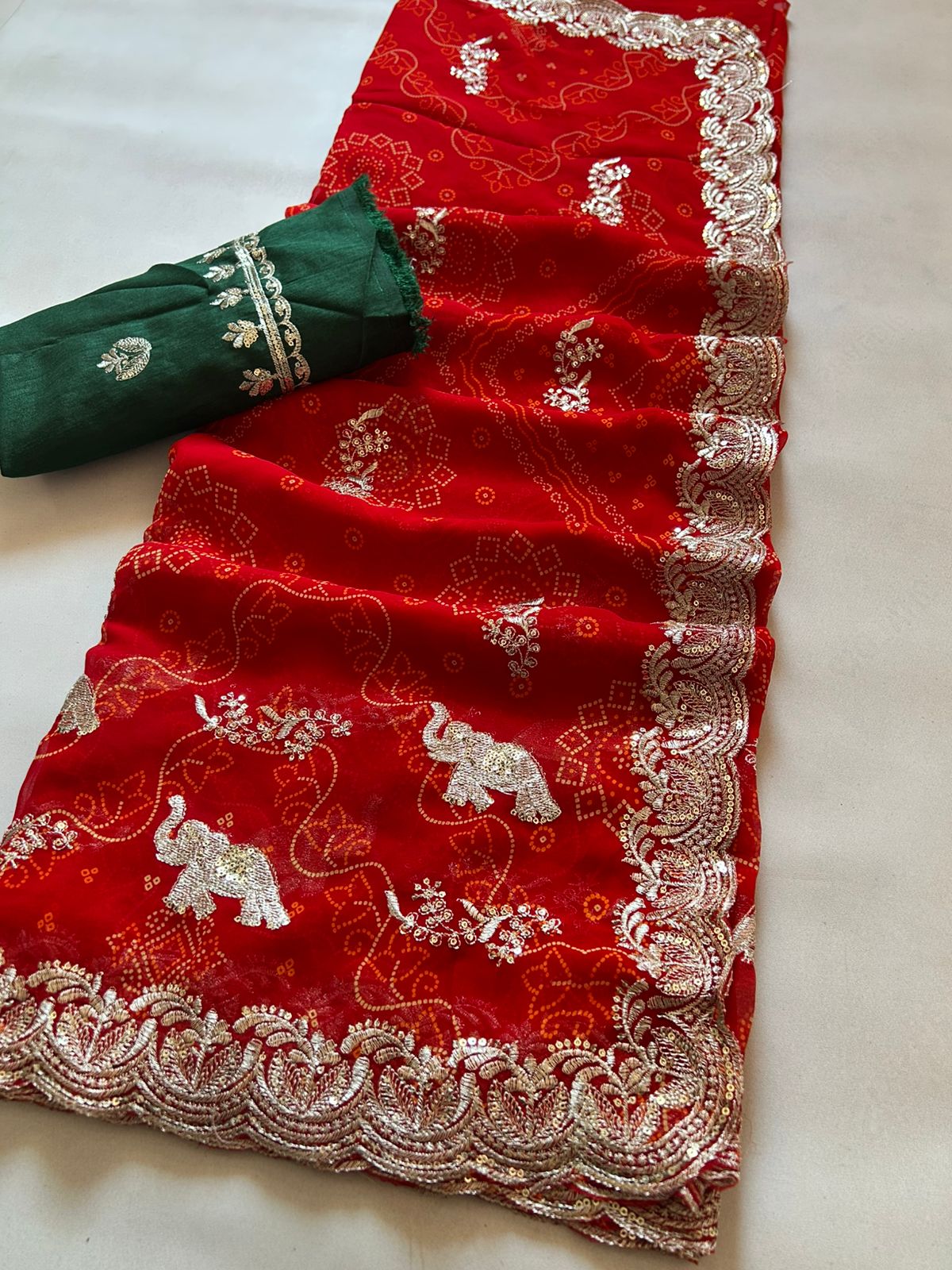 Magnetic Wedding Wear Red Colour Soft Georgette Bandhani Print Sequence n Cut Work Border Elegant Saree With Contrast Blouse Piece