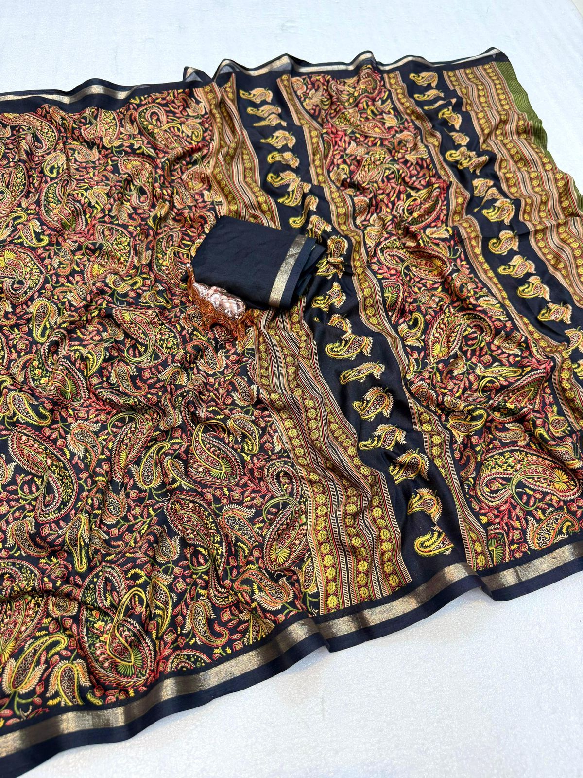 Imaginative Festive Wear Pure Soft Tussar Kashmiri Silk Printed n Zari Work Border Rich Pallu Fancy Designer Saree