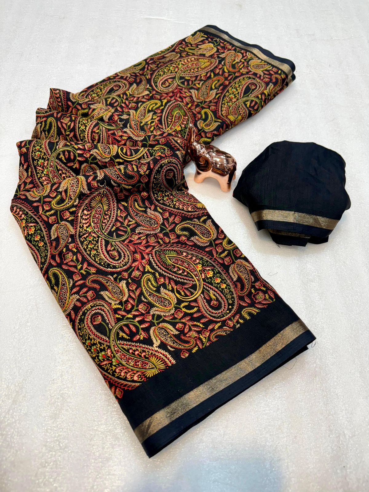 Imaginative Festive Wear Pure Soft Tussar Kashmiri Silk Printed n Zari Work Border Rich Pallu Fancy Designer Saree