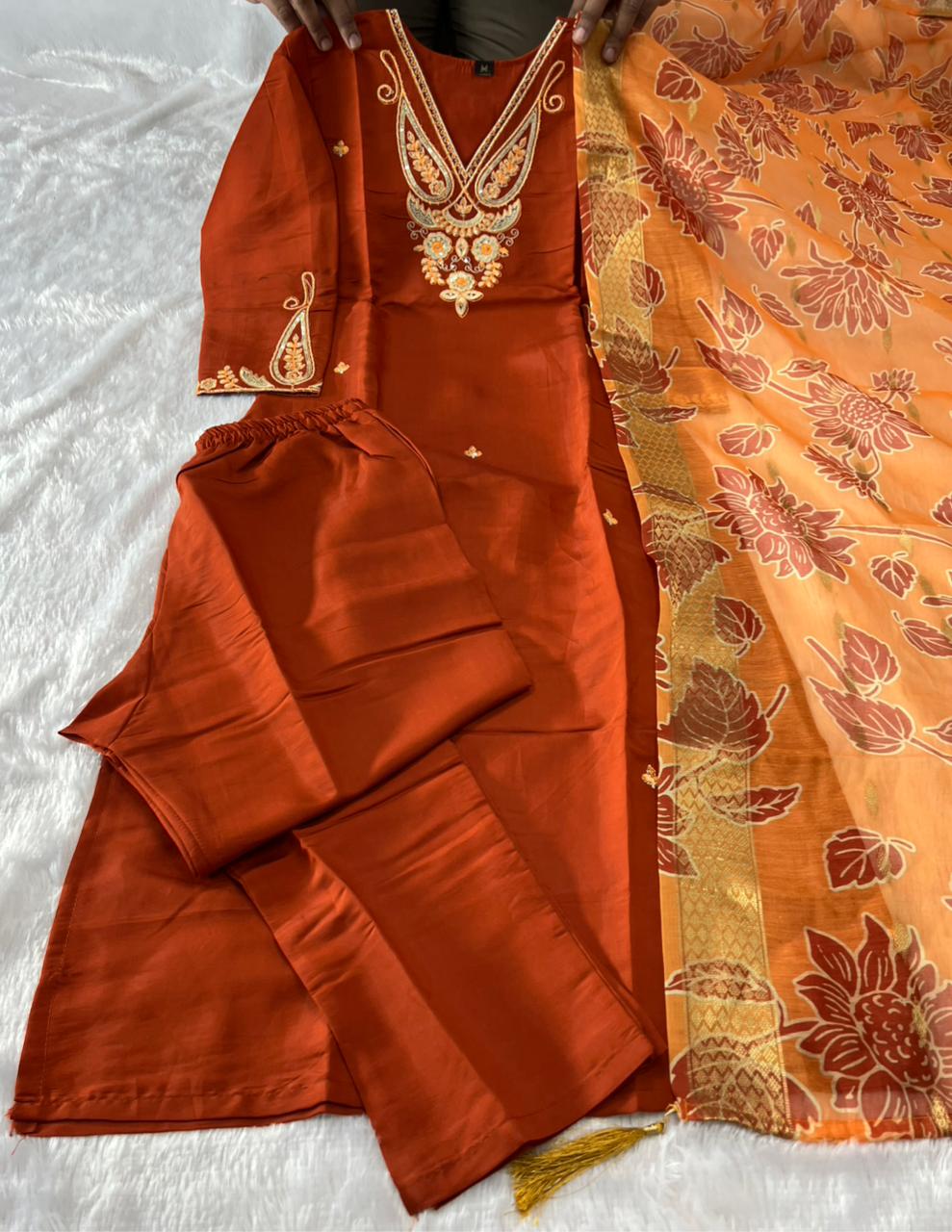Charming Festive Wear Roman Silk Embroidery n Sequence Work Designer Straight Kurta With Trouser n Dupatta Set