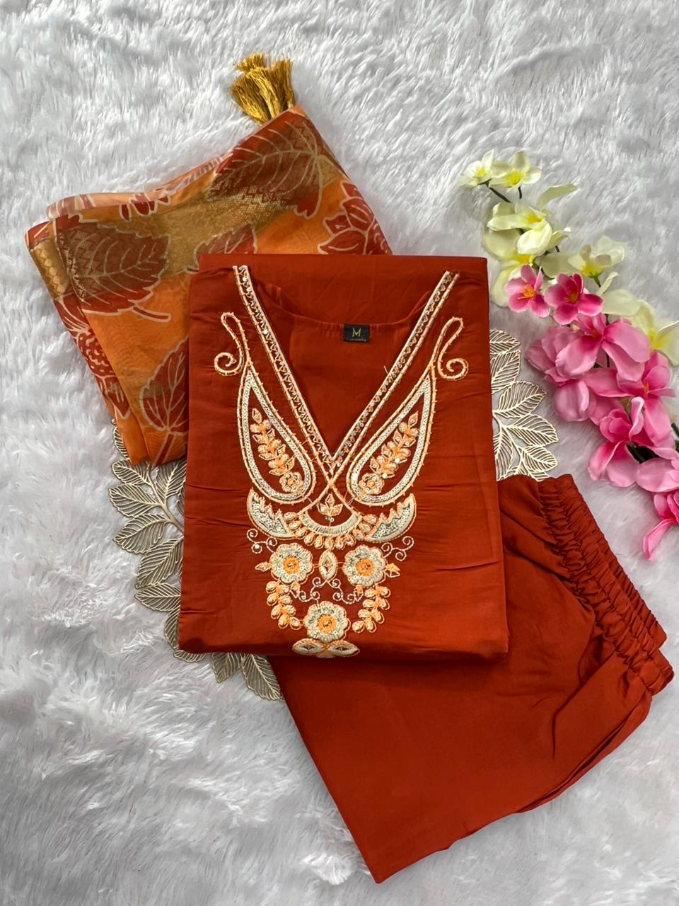 Charming Festive Wear Roman Silk Embroidery n Sequence Work Designer Straight Kurta With Trouser n Dupatta Set