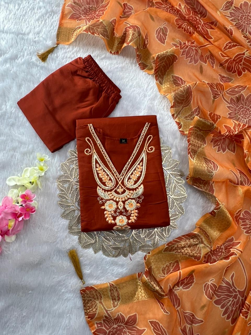 Charming Festive Wear Roman Silk Embroidery n Sequence Work Designer Straight Kurta With Trouser n Dupatta Set