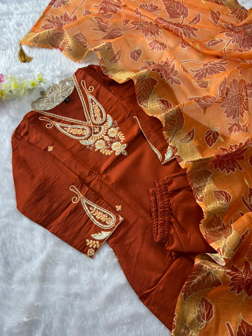 Charming Festive Wear Roman Silk Embroidery n Sequence Work Designer Straight Kurta With Trouser n Dupatta Set
