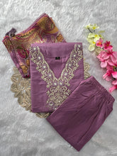 Load image into Gallery viewer, Artistic Function Wear Lavender Color Roman Silk Embroidery n Sequence Work Designer Straight Kurta With Trouser n Dupatta Set
