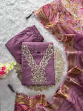Load image into Gallery viewer, Artistic Function Wear Lavender Color Roman Silk Embroidery n Sequence Work Designer Straight Kurta With Trouser n Dupatta Set
