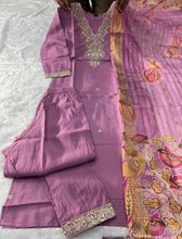 Load image into Gallery viewer, Artistic Function Wear Lavender Color Roman Silk Embroidery n Sequence Work Designer Straight Kurta With Trouser n Dupatta Set
