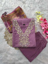 Load image into Gallery viewer, Artistic Function Wear Lavender Color Roman Silk Embroidery n Sequence Work Designer Straight Kurta With Trouser n Dupatta Set
