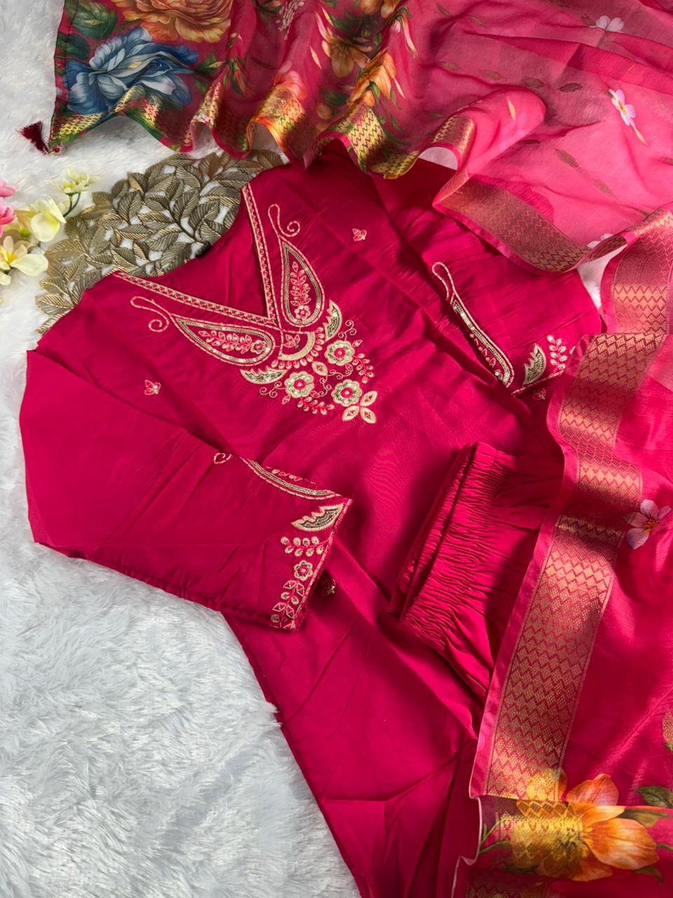 Forbearance Wedding Wear Pink Color Roman Silk Embroidery n Sequence Work Designer Straight Kurta With Trouser n Dupatta Set