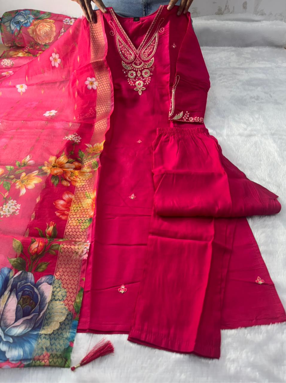 Forbearance Wedding Wear Pink Color Roman Silk Embroidery n Sequence Work Designer Straight Kurta With Trouser n Dupatta Set