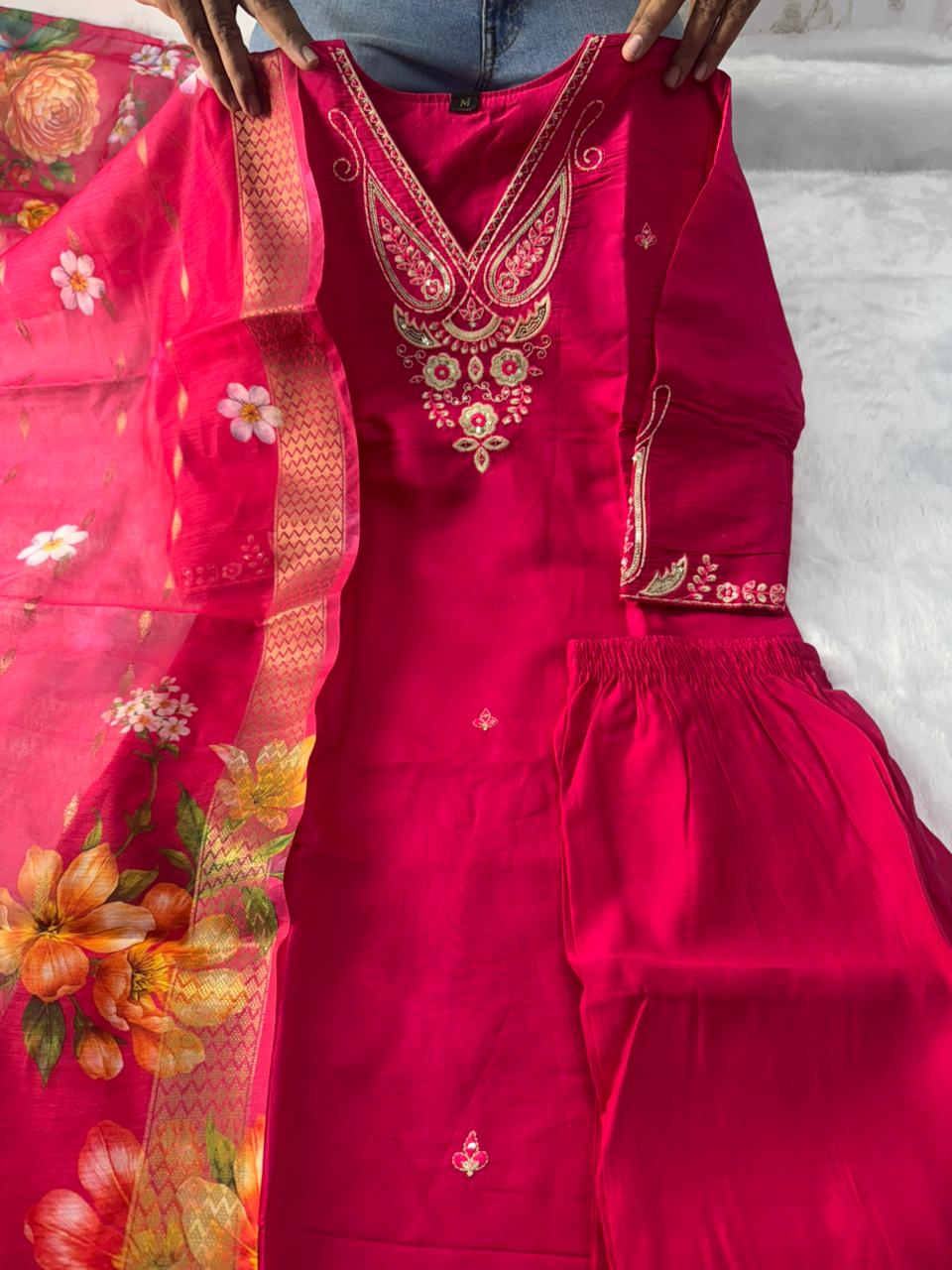 Forbearance Wedding Wear Pink Color Roman Silk Embroidery n Sequence Work Designer Straight Kurta With Trouser n Dupatta Set