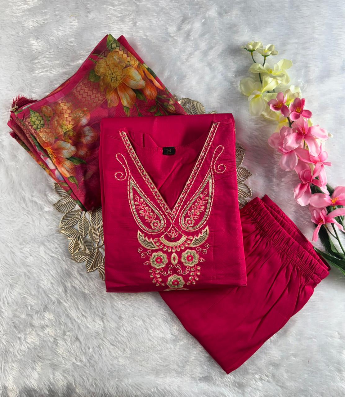 Forbearance Wedding Wear Pink Color Roman Silk Embroidery n Sequence Work Designer Straight Kurta With Trouser n Dupatta Set