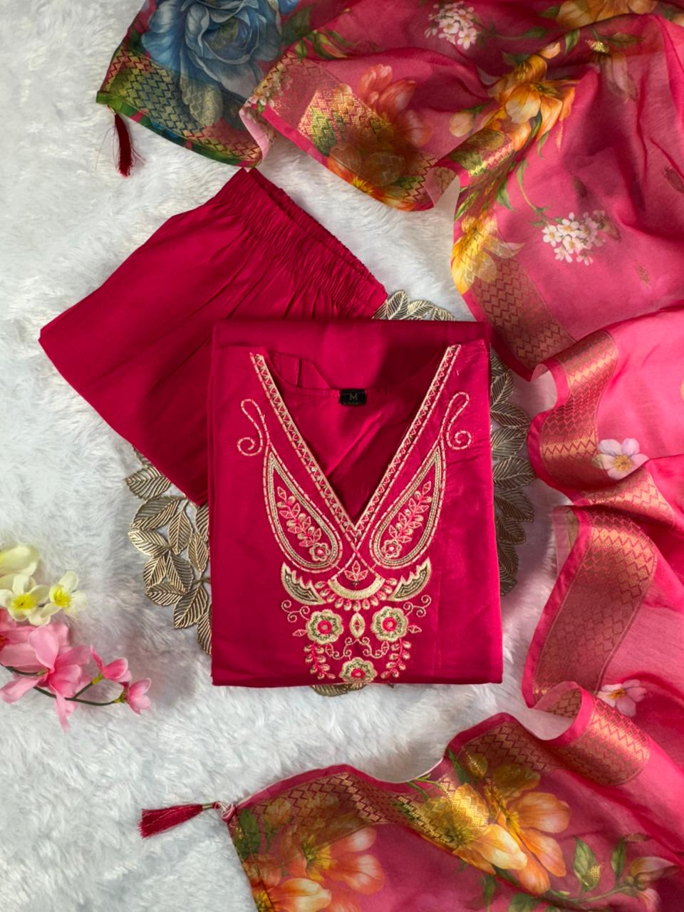 Forbearance Wedding Wear Pink Color Roman Silk Embroidery n Sequence Work Designer Straight Kurta With Trouser n Dupatta Set