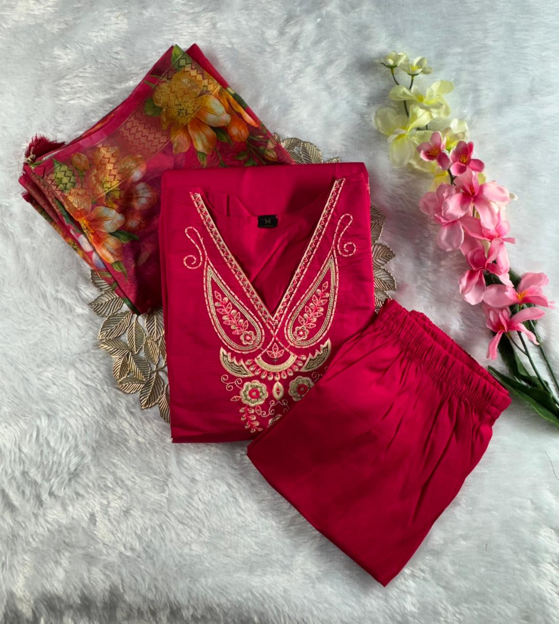 Forbearance Wedding Wear Pink Color Roman Silk Embroidery n Sequence Work Designer Straight Kurta With Trouser n Dupatta Set