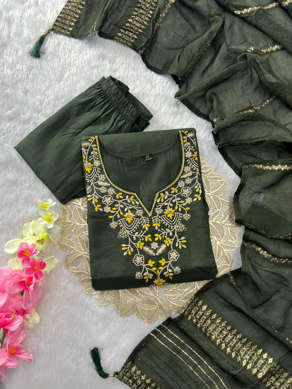 Ravishing Wedding Wear Mahendi Green Colour Roman Silk Embroidery n Sequence Work Designer Straight Kurta With Trouser n Dupatta Set