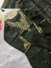 Load image into Gallery viewer, Ravishing Wedding Wear Mahendi Green Colour Roman Silk Embroidery n Sequence Work Designer Straight Kurta With Trouser n Dupatta Set
