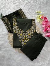 Load image into Gallery viewer, Ravishing Wedding Wear Mahendi Green Colour Roman Silk Embroidery n Sequence Work Designer Straight Kurta With Trouser n Dupatta Set
