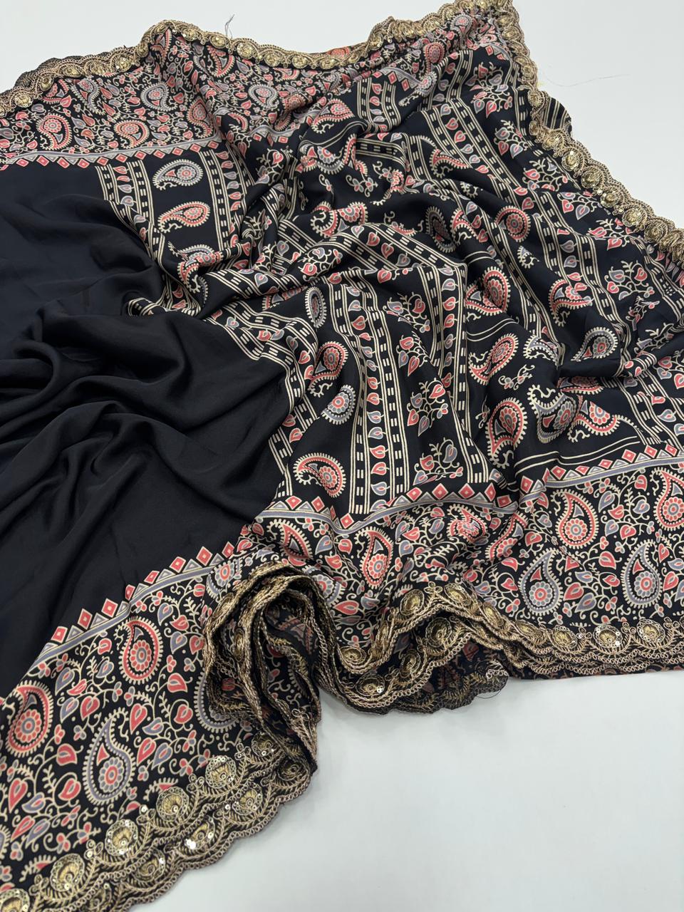 Heritage Function Wear Pure Satin Silk Ajrak Printed Rich Pallu n Lace Work Fancy Designer Saree