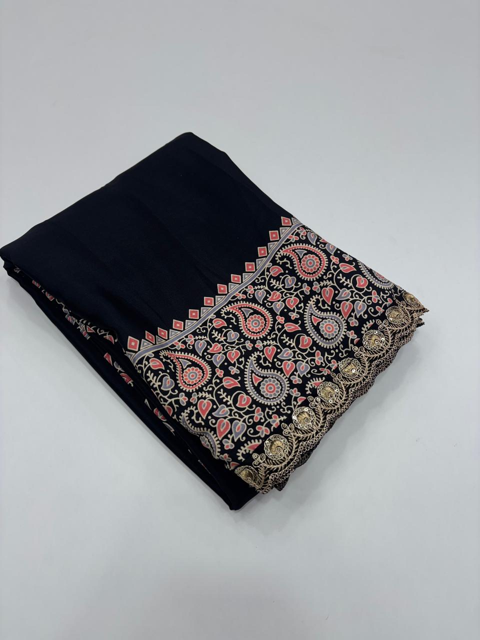 Heritage Function Wear Pure Satin Silk Ajrak Printed Rich Pallu n Lace Work Fancy Designer Saree