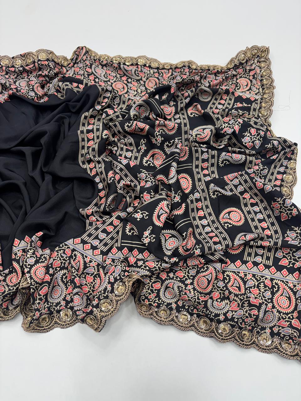 Heritage Function Wear Pure Satin Silk Ajrak Printed Rich Pallu n Lace Work Fancy Designer Saree