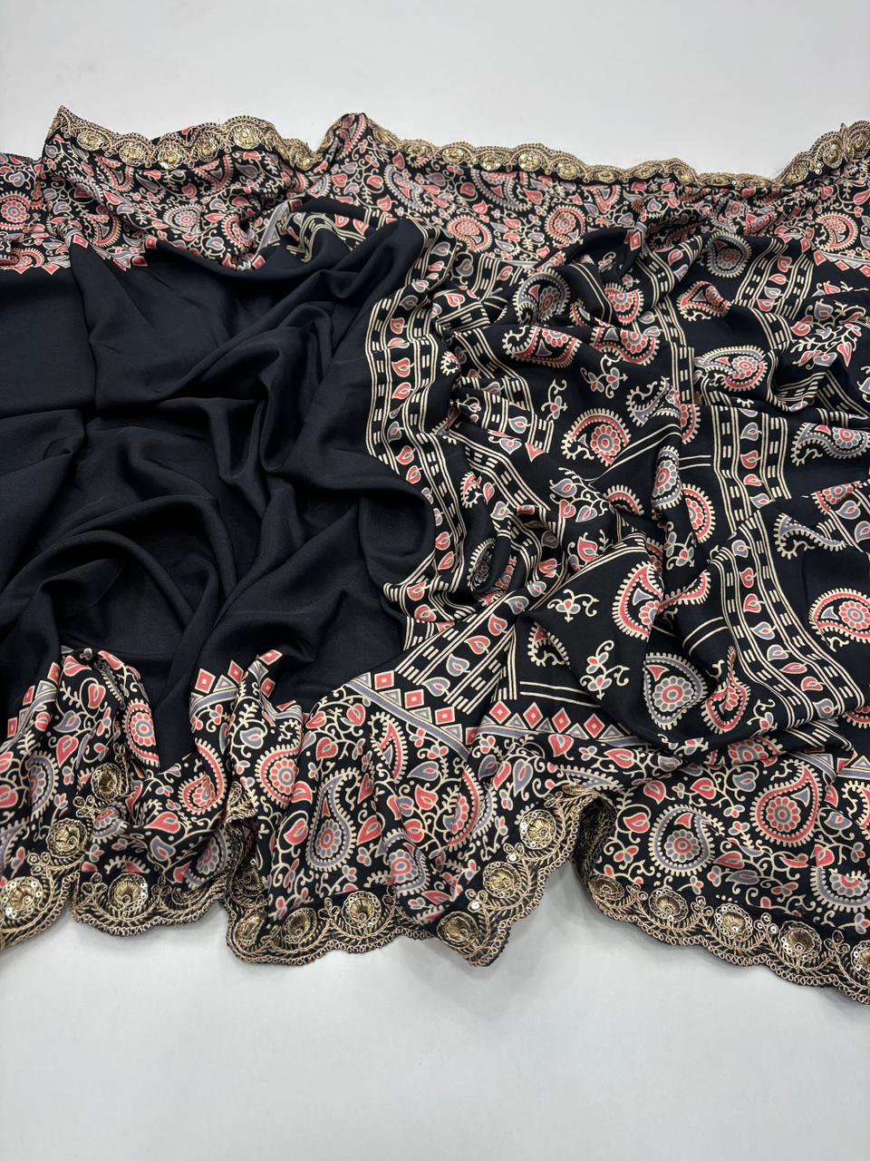 Heritage Function Wear Pure Satin Silk Ajrak Printed Rich Pallu n Lace Work Fancy Designer Saree