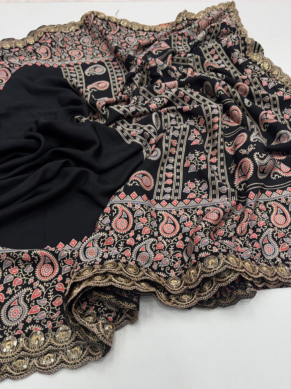 Heritage Function Wear Pure Satin Silk Ajrak Printed Rich Pallu n Lace Work Fancy Designer Saree