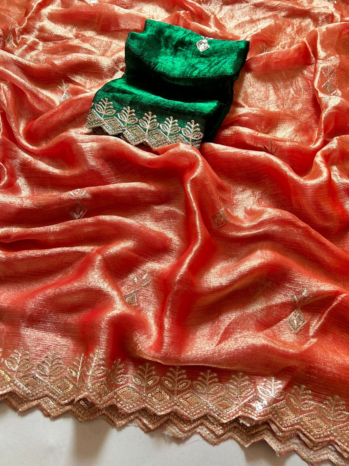 Opulent Wedding Wear Orange Colour Crunchy Chiffon Crush Silk Sequence Work Fancy Desginer Saree With Contrast Blouse Piece
