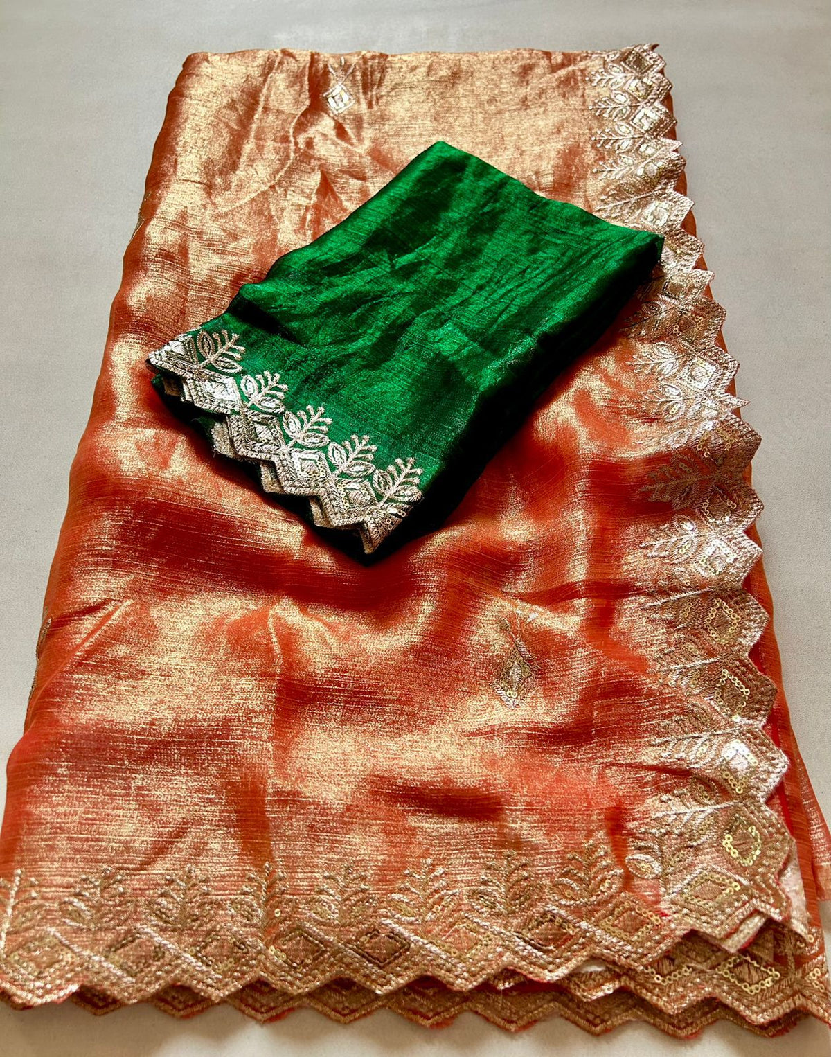 Opulent Wedding Wear Orange Colour Crunchy Chiffon Crush Silk Sequence Work Fancy Desginer Saree With Contrast Blouse Piece