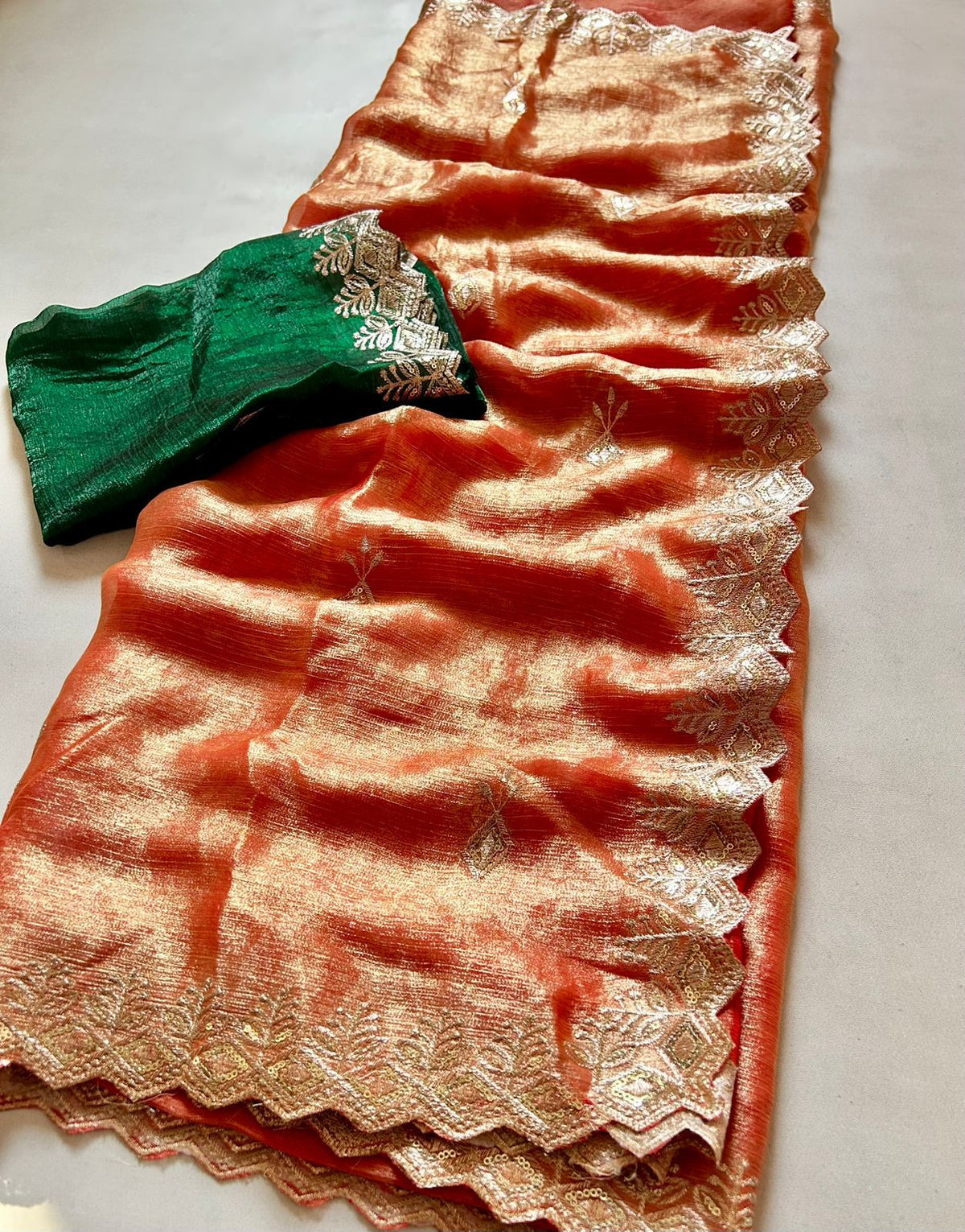 Opulent Wedding Wear Orange Colour Crunchy Chiffon Crush Silk Sequence Work Fancy Desginer Saree With Contrast Blouse Piece
