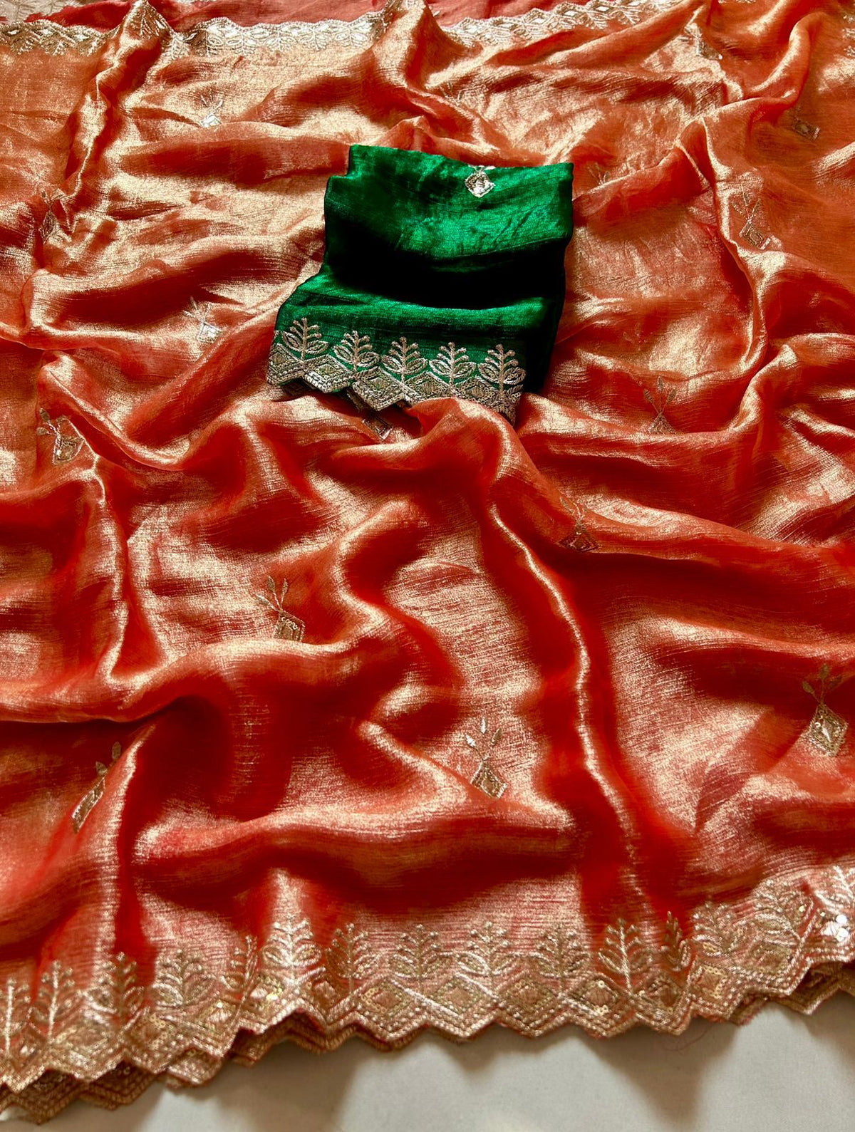 Opulent Wedding Wear Orange Colour Crunchy Chiffon Crush Silk Sequence Work Fancy Desginer Saree With Contrast Blouse Piece