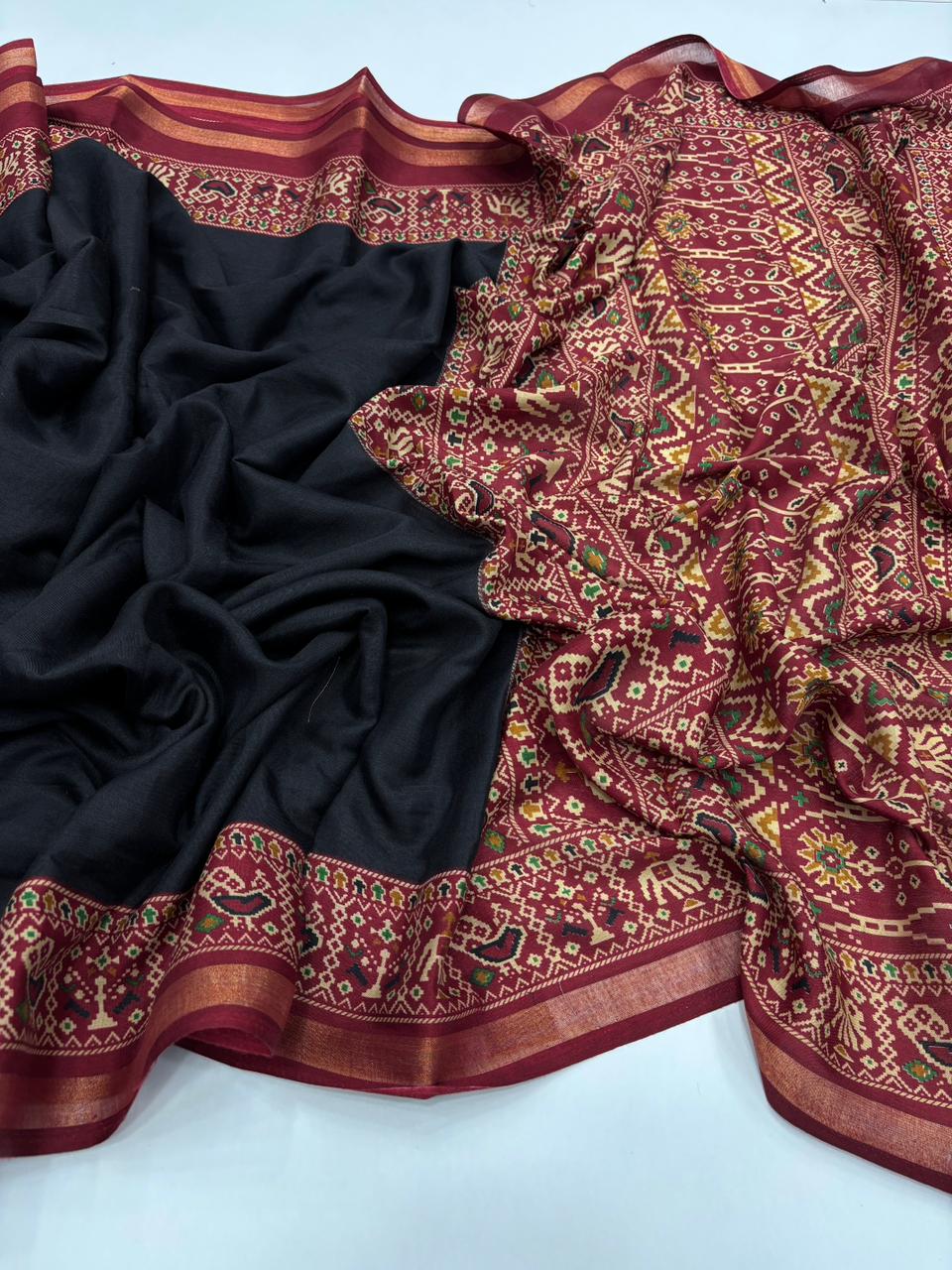 Ethnic Festive Wear Black Colour Pure Mul Cotton Ajrak Print Rich Pallu Saree With Matching Printed Blouse
