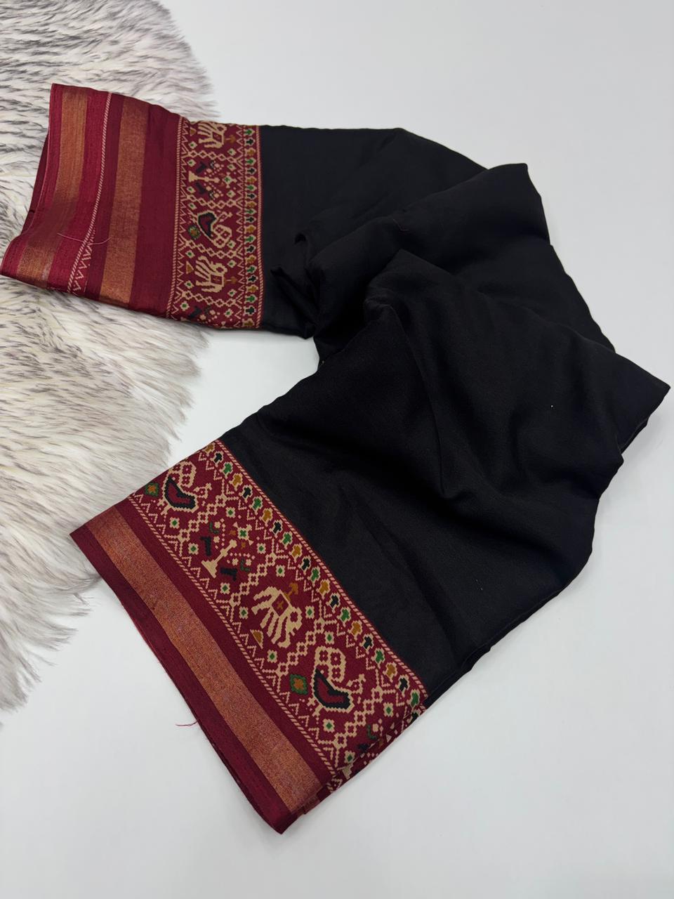 Ethnic Festive Wear Black Colour Pure Mul Cotton Ajrak Print Rich Pallu Saree With Matching Printed Blouse