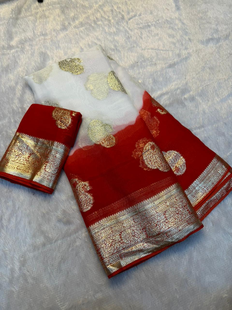 Charismatic Wedding Wear Viscose Georgette Jacquard Weaving Work Fancy Designer Saree With Blouse