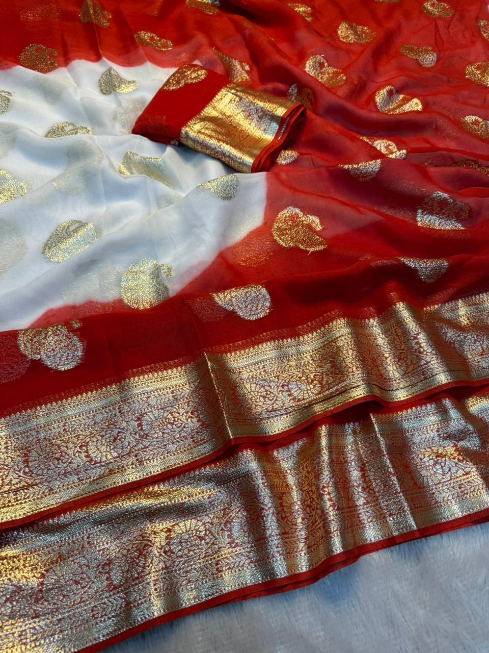 Charismatic Wedding Wear Viscose Georgette Jacquard Weaving Work Fancy Designer Saree With Blouse